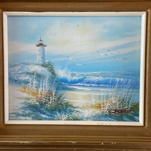Lighthouse Beach Oil Painting MCM Oil on Canvas 1960s Retro Seagulls N Siebel - Picture 6 of 15